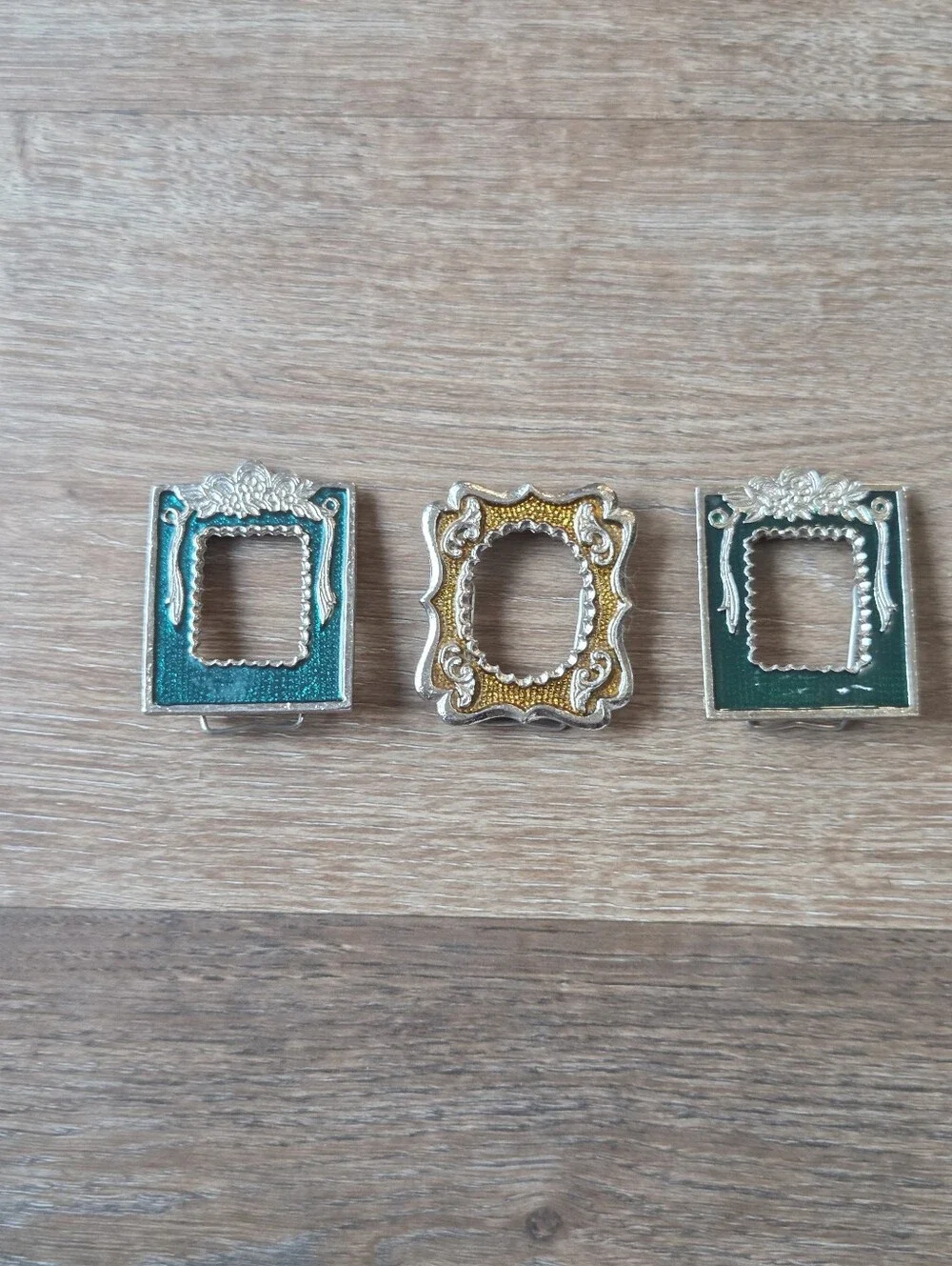 Vintage Mini Ornate Metal Picture Frame Silver Tone, Green & Yellow Resin